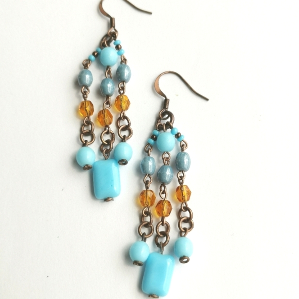 Vintage Czech Turquoise Beaded Dangle Earrings